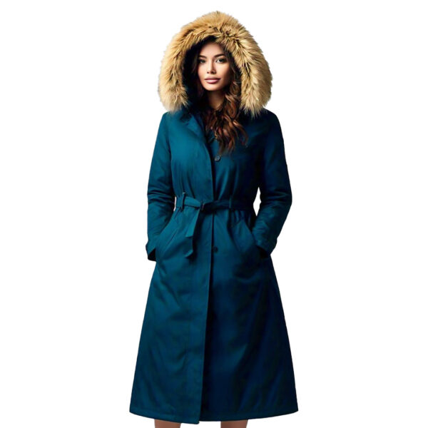 Women's Elegant Teal Winter Coat with Faux Fur Hood