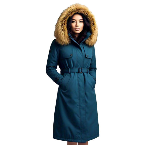 \Women's Sophisticated Teal Parka with Faux Fur Hood