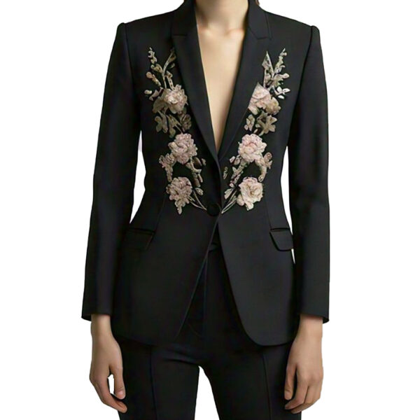 Women'sElegant Floral Embroidered Black Blazer