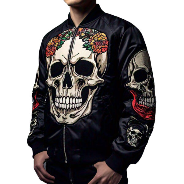 Men's Bold Black Bomber Jacket with Skull Embroidery