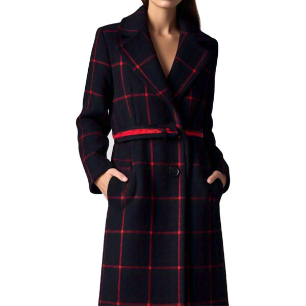 Dakota Johnson Red Checked Dark Navy Blue Women's Wool Coat