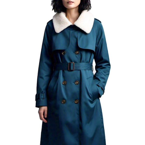 Women's Elegant Teal Trench Coat with Faux Shearling Collar