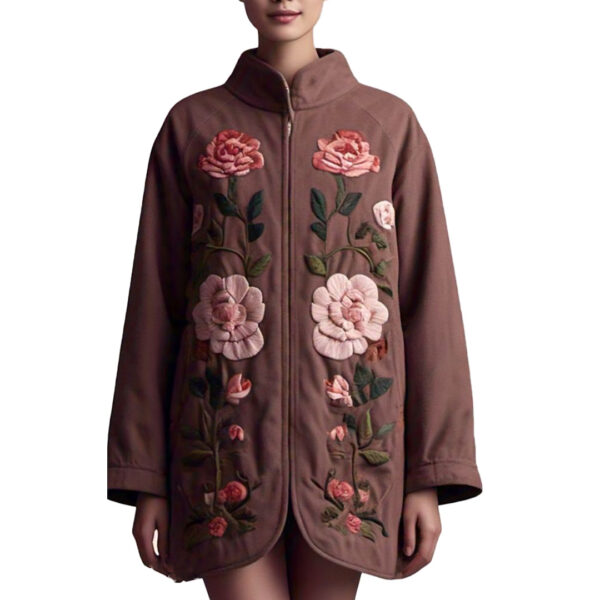 Women's Stylish Brown Jacket with Floral Embroidery