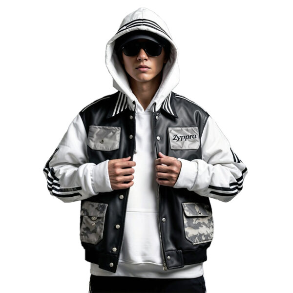 Men's Trendy Black and White Varsity Jacket with Camouflage Accents