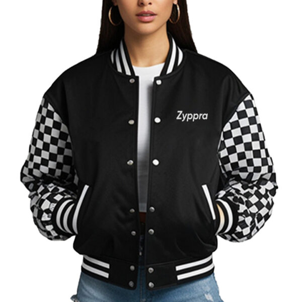 Women's Trendy Black Varsity Jacket with Checkered Sleeves - Image 2