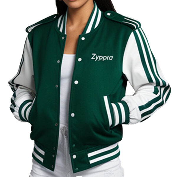 Women's Classic Green Varsity Jacket with White Striped Sleeves