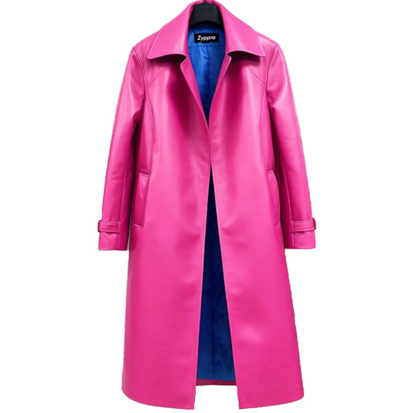 Women's Vibrant Pink Long Leather Coat with Sleek Design