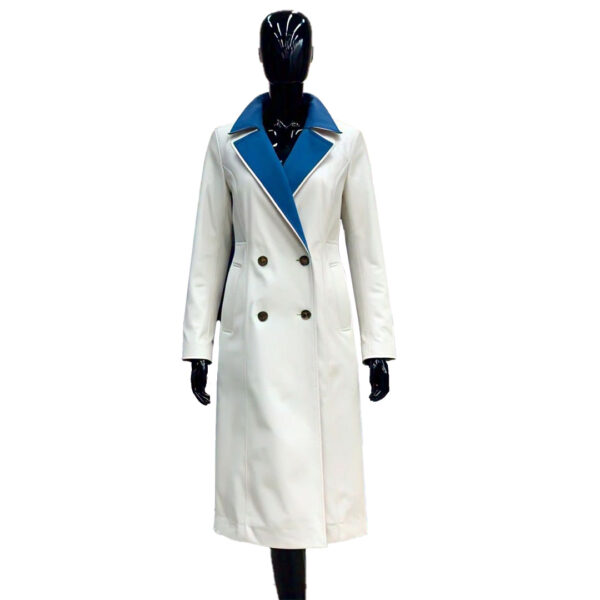 Women's Chic White Double-Breasted Coat with Blue Lapel Accent – Elegant & Modern Outerwear