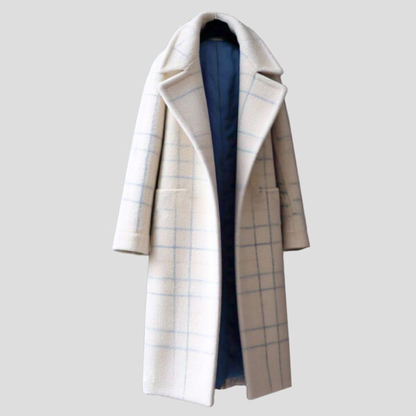 Women's Classic Beige Plaid Longline Coat  Timeless & Elegant Outerwear