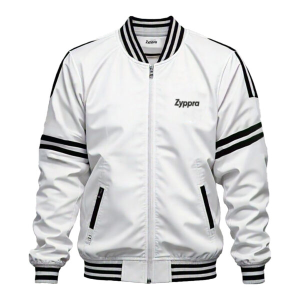 Men's Sleek White Varsity Jacket with Black Striped Accents – Classic & Modern Style