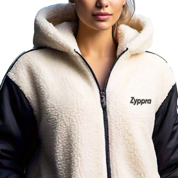 Women's Cozy Two-Tone Sherpa Hoodie with Black Sleeves – Warm & Stylish Casual Wear - Image 2