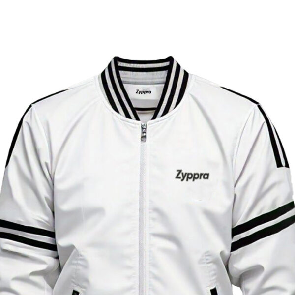 Men's Sleek White Varsity Jacket with Black Striped Accents – Classic & Modern Style - Image 2