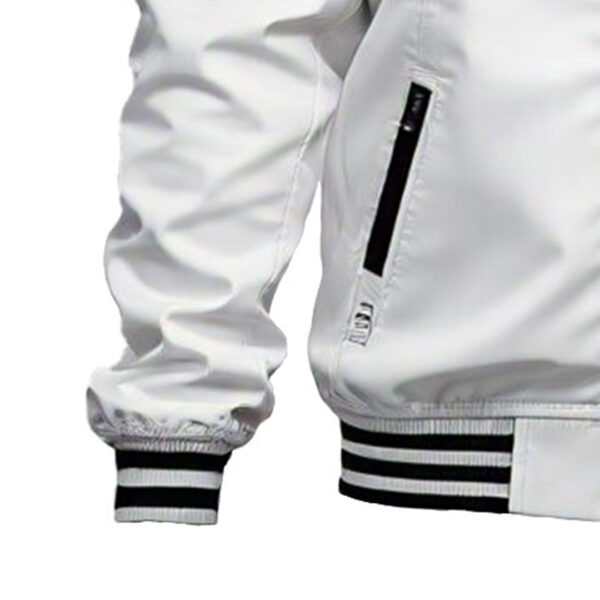 Men's Sleek White Varsity Jacket with Black Striped Accents – Classic & Modern Style - Image 3