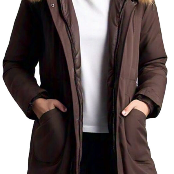 Women's Stylish Brown Winter Parka with Faux Fur Hood - Image 2