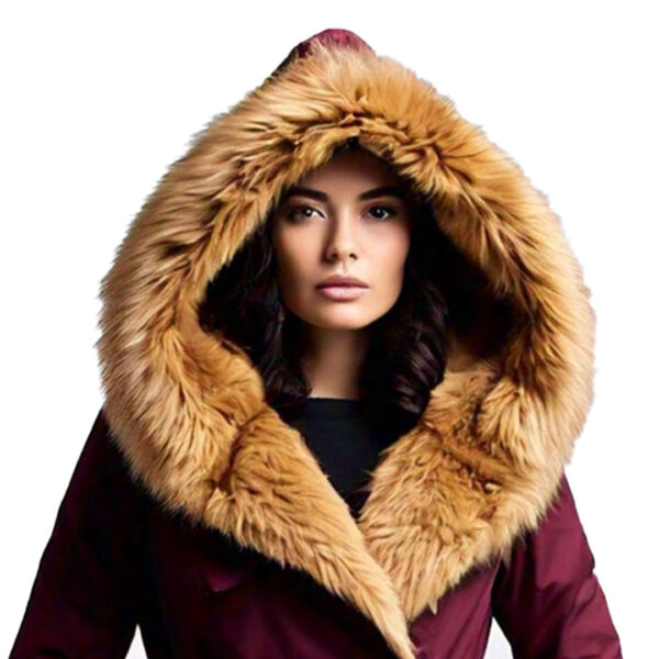 Women's Elegant Burgundy Winter Coat with Faux Fur Hood - Image 2