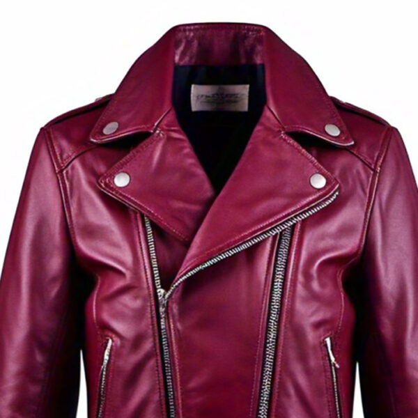 Women's Stylish Burgundy Leather Jacket with Zipper Details - Image 2