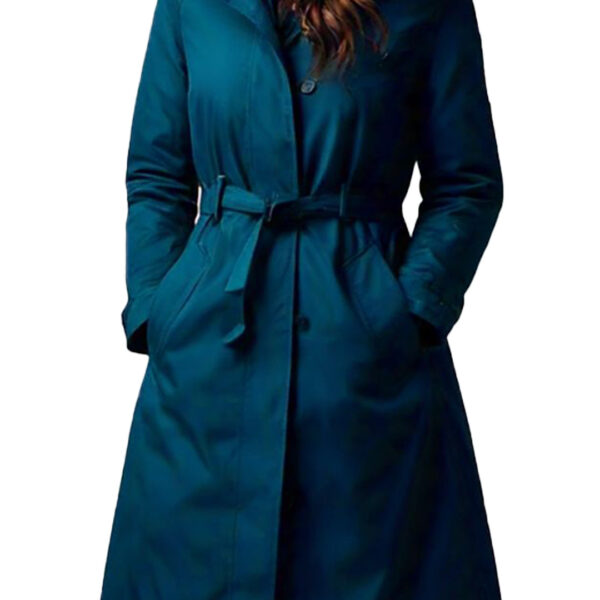 Women's Elegant Teal Winter Coat with Faux Fur Hood - Image 2