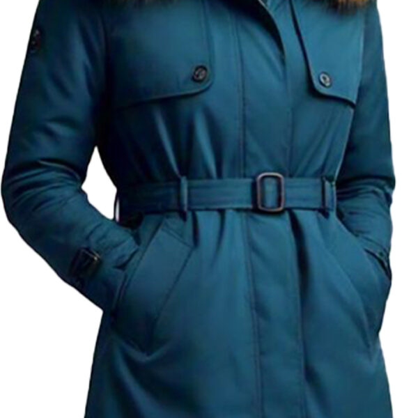 \Women's Sophisticated Teal Parka with Faux Fur Hood - Image 2