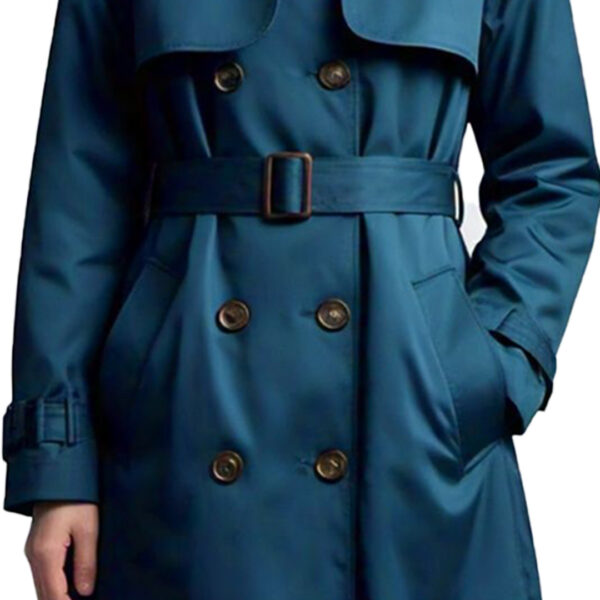 Women's Elegant Teal Trench Coat with Faux Shearling Collar - Image 5