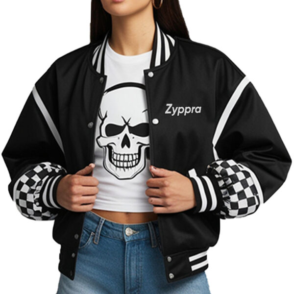 Women's Trendy Black Varsity Jacket with Checkered Sleeves