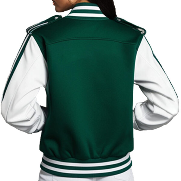 Women's Classic Green Varsity Jacket with White Striped Sleeves - Image 3