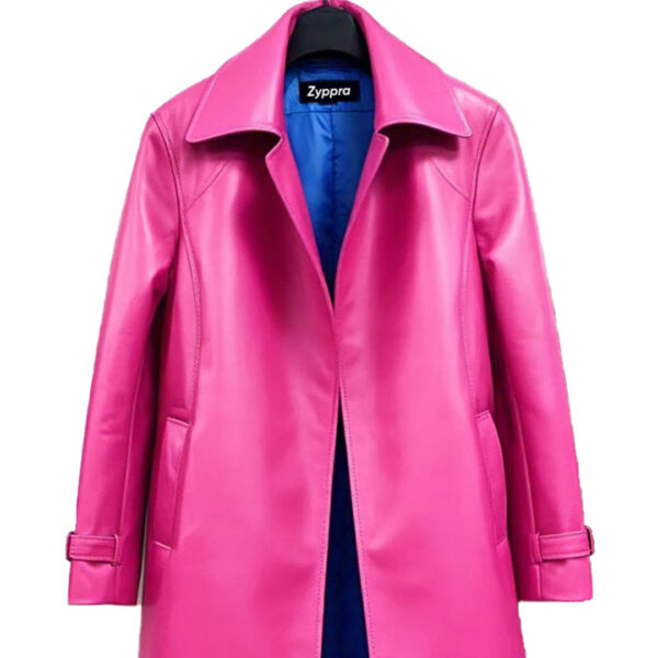 Women's Vibrant Pink Long Leather Coat with Sleek Design - Image 2