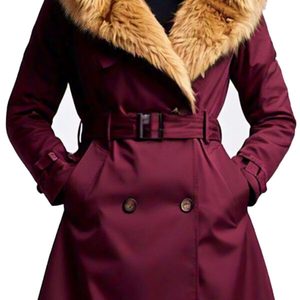 Women's Elegant Burgundy Winter Coat with Faux Fur Hood - Image 3