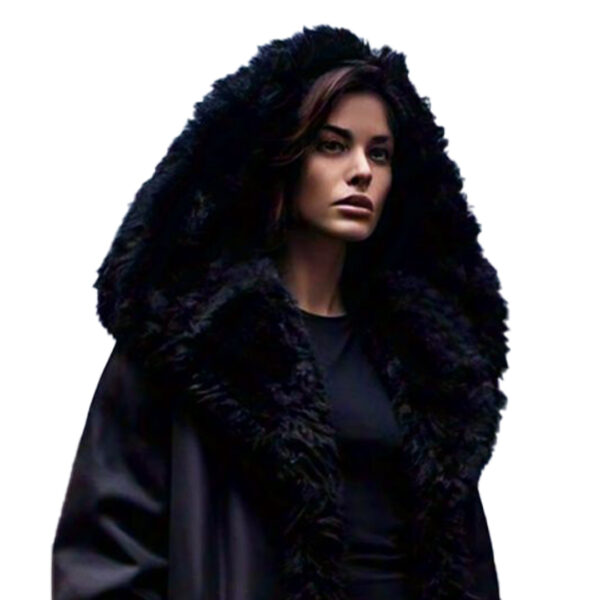 Women's Sleek Black Longline Coat with Faux Fur Trim - Image 2