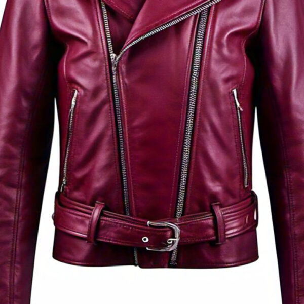 Women's Stylish Burgundy Leather Jacket with Zipper Details - Image 3