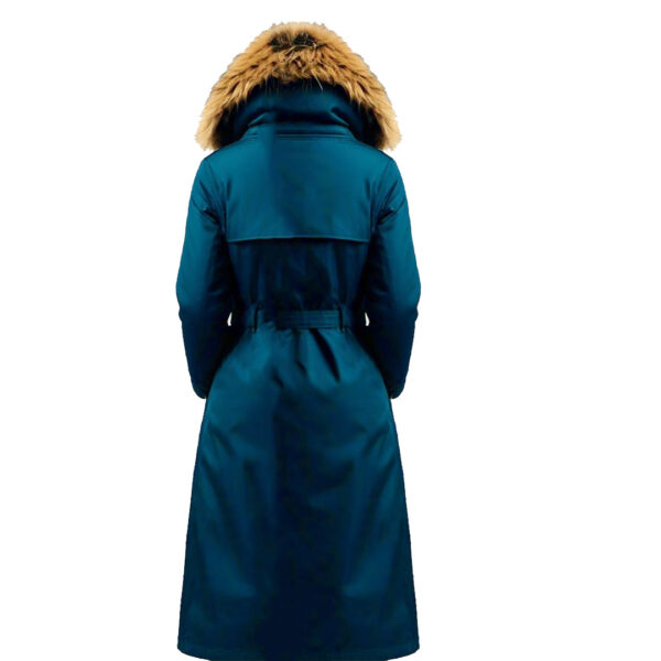 Women's Elegant Teal Winter Coat with Faux Fur Hood - Image 4