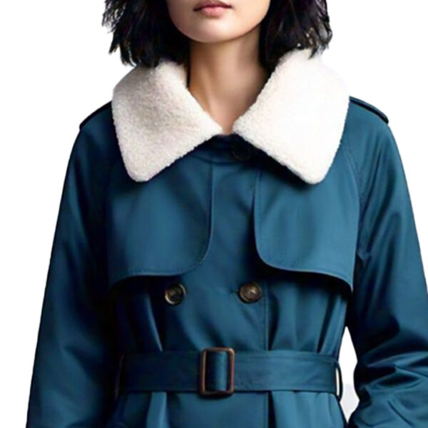 Women's Elegant Teal Trench Coat with Faux Shearling Collar - Image 2