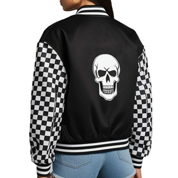 Women's Trendy Black Varsity Jacket with Checkered Sleeves - Image 3