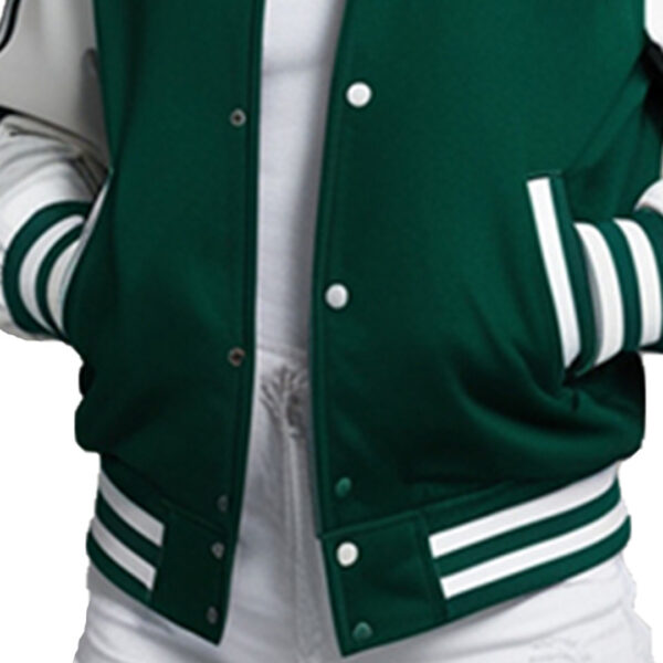 Women's Classic Green Varsity Jacket with White Striped Sleeves - Image 4