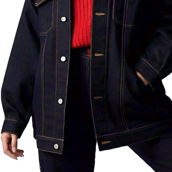 Women's Trendy Oversized Black Denim Jacket with Bold Stitching - Image 3