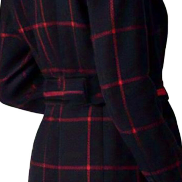 Dakota Johnson Red Checked Dark Navy Blue Women's Wool Coat - Image 3