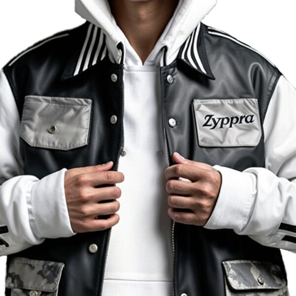 Men's Trendy Black and White Varsity Jacket with Camouflage Accents - Image 2