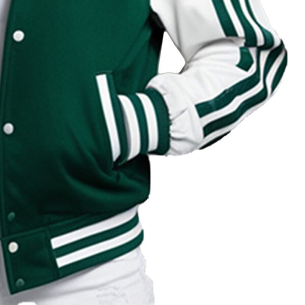 Women's Classic Green Varsity Jacket with White Striped Sleeves - Image 5