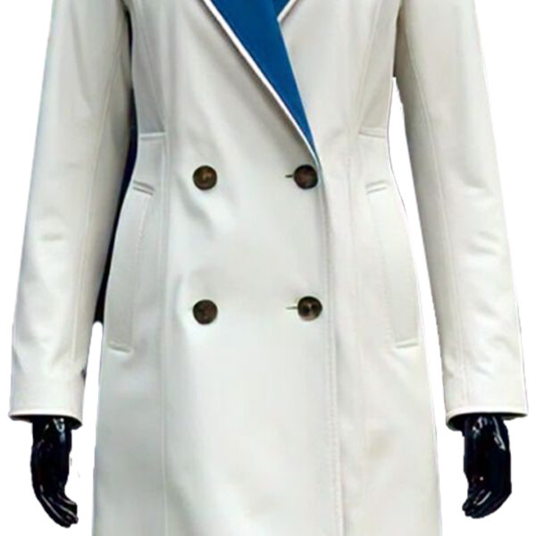 Women's Chic White Double-Breasted Coat with Blue Lapel Accent – Elegant & Modern Outerwear - Image 3