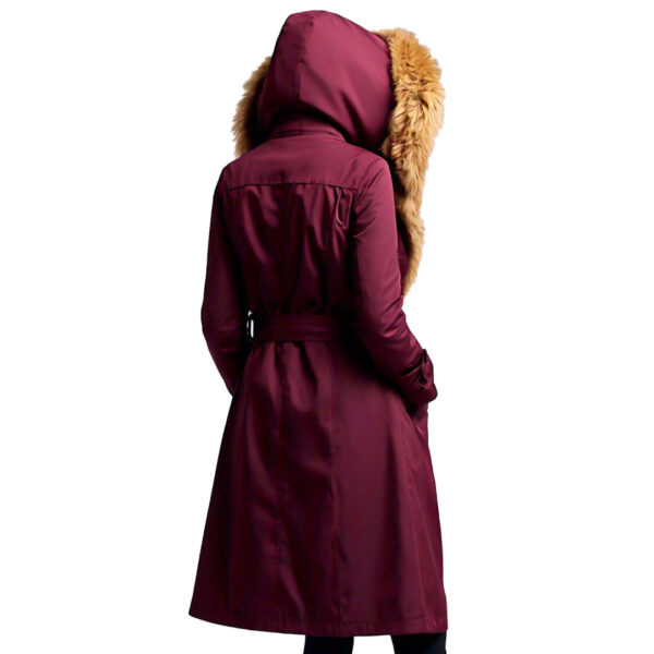 Women's Elegant Burgundy Winter Coat with Faux Fur Hood - Image 5