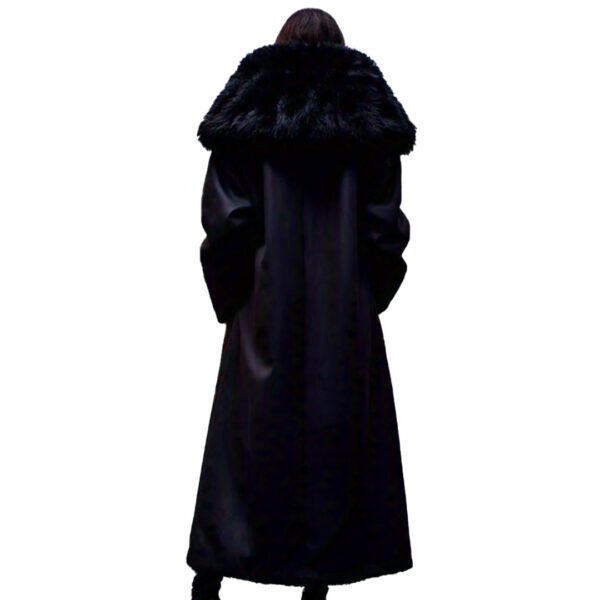 Women's Sleek Black Longline Coat with Faux Fur Trim - Image 4