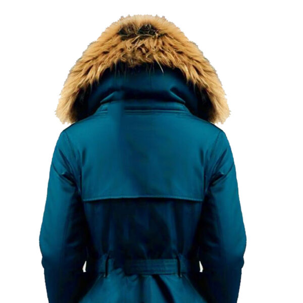 Women's Elegant Teal Winter Coat with Faux Fur Hood - Image 3