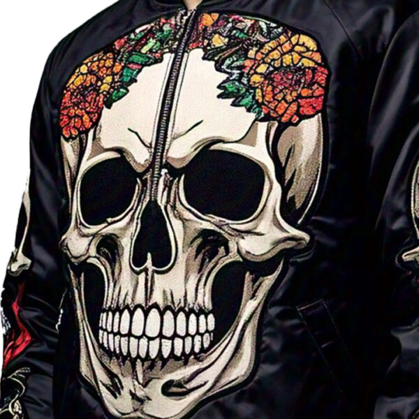 Men's Bold Black Bomber Jacket with Skull Embroidery - Image 2