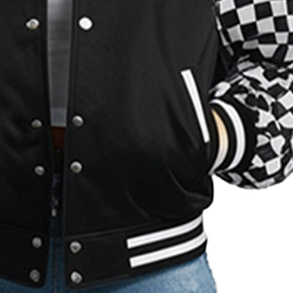 Women's Trendy Black Varsity Jacket with Checkered Sleeves - Image 5