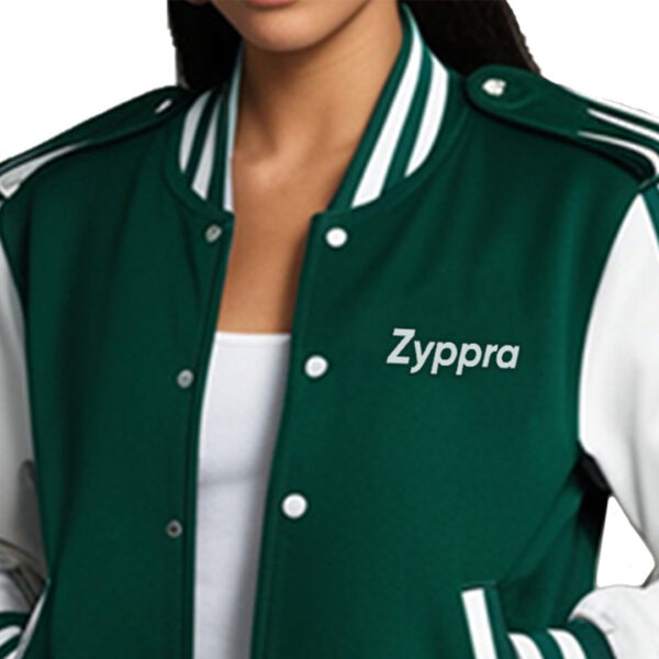 Women's Classic Green Varsity Jacket with White Striped Sleeves - Image 2