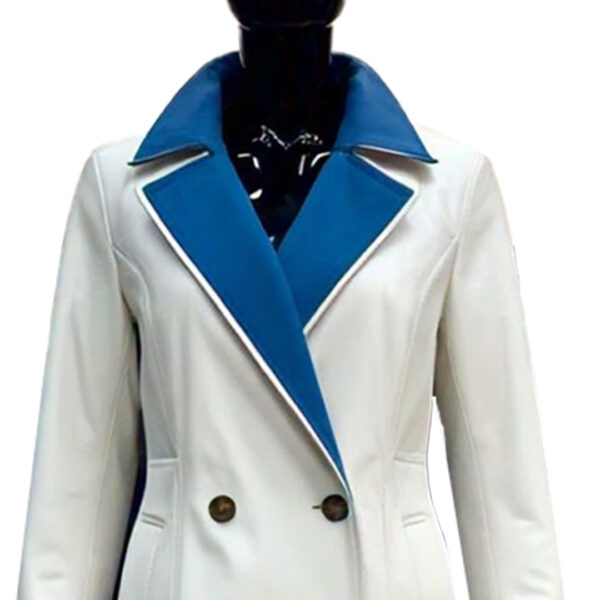 Women's Chic White Double-Breasted Coat with Blue Lapel Accent – Elegant & Modern Outerwear - Image 2