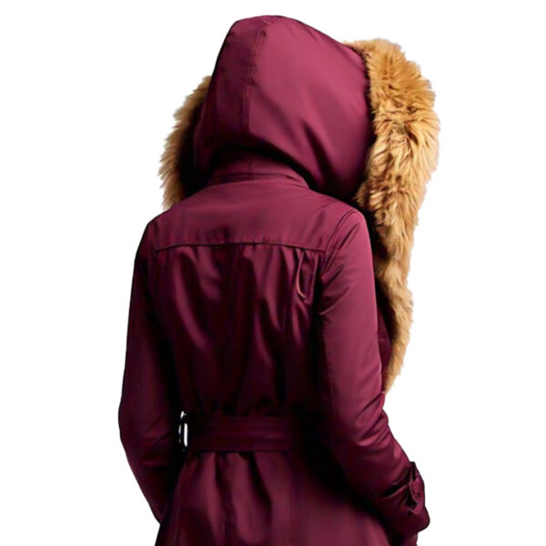 Women's Elegant Burgundy Winter Coat with Faux Fur Hood - Image 4