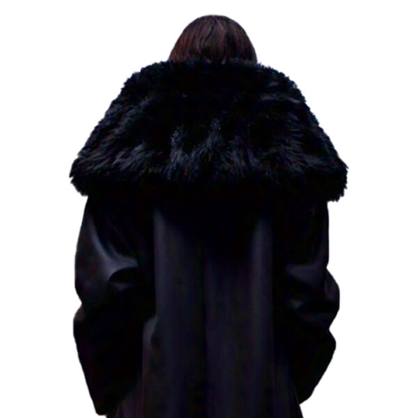 Women's Sleek Black Longline Coat with Faux Fur Trim - Image 3