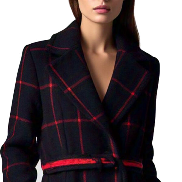 Dakota Johnson Red Checked Dark Navy Blue Women's Wool Coat - Image 2