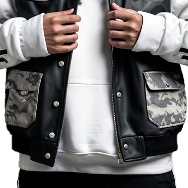 Men's Trendy Black and White Varsity Jacket with Camouflage Accents - Image 4