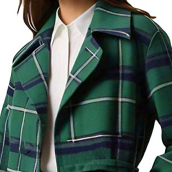 Women's Plaid Green Suede Leather Jacket with Classic Double-Breasted Design - Image 2